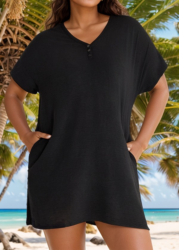 Black Button Women's Swimsuit Plus Size Bathing Suit Cover Up
