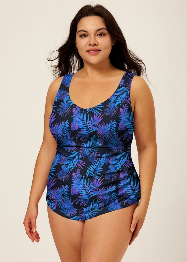 Purple Plants Print Stylish Plus Size Modest One Piece Swimsuit