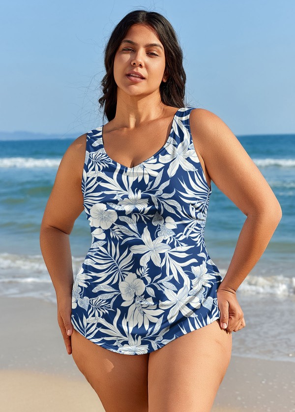 Curvy Blue Floral Vintage Srong Bathing Suits One Piece Swimsuit