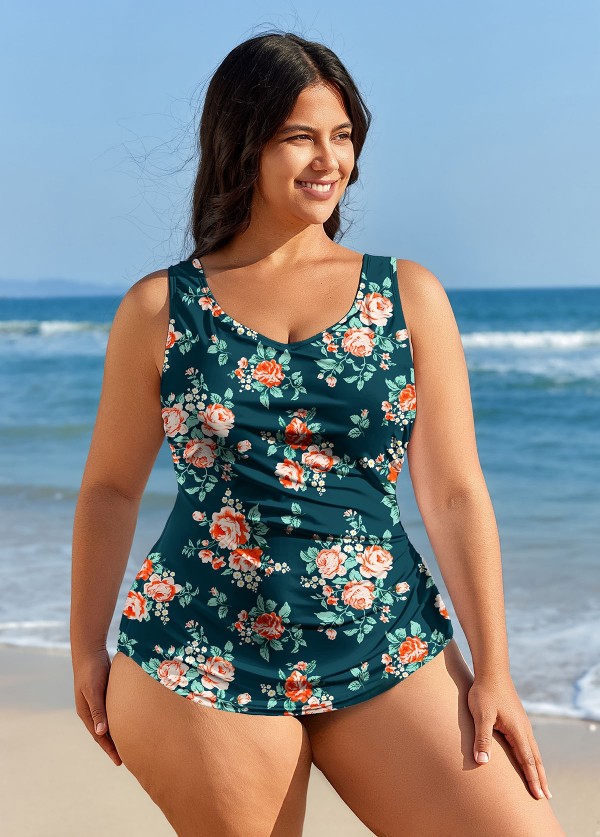 Plus Size Green Floral Chic Srong Swimsuit One Piece Swimsuit