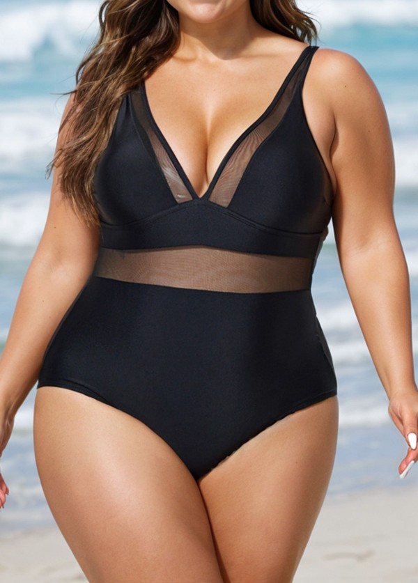 Black Mesh Adjustable Straps Women One Piece Swimsuit