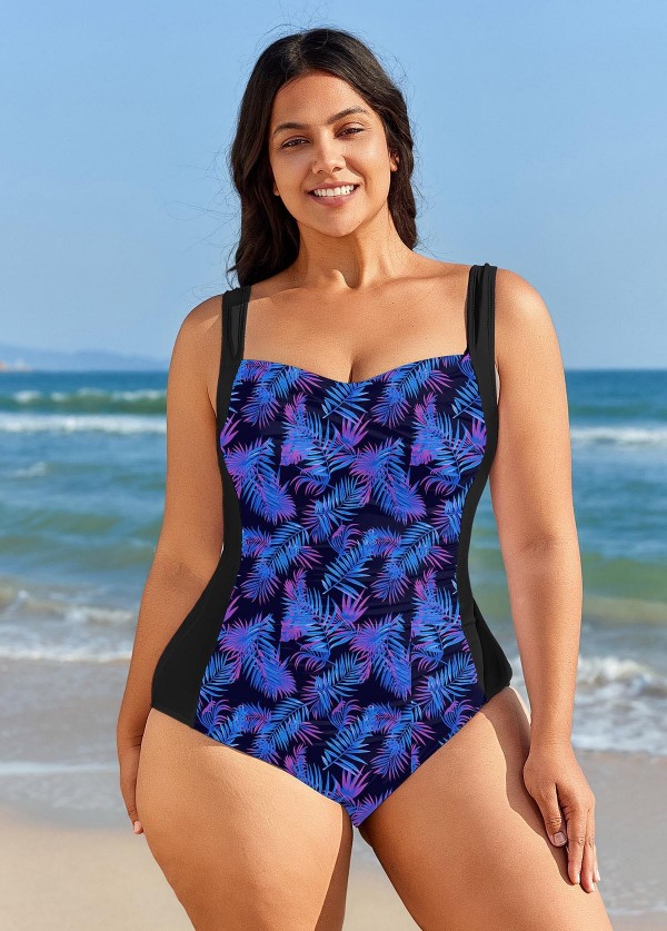Curvy Purple Leaf Print Tummy Control Swimsuit And Swimwear One Piece Swimsuit