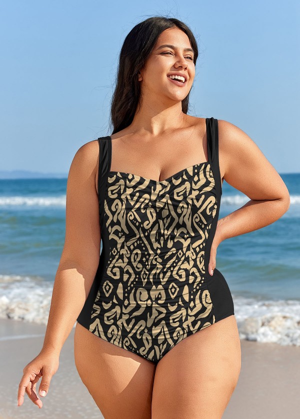 Plus Size Yellow Geometric Print Tummy Control Swimsuits One Piece Swimsuit
