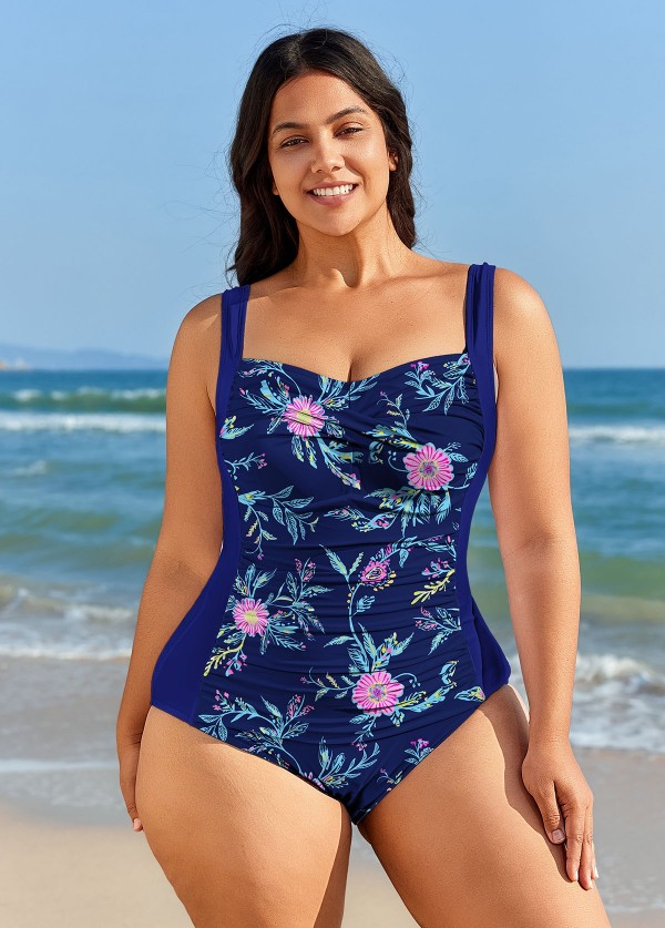 Curvy Purple Floral Tummy Control Bathing Suits One Piece Swimsuit