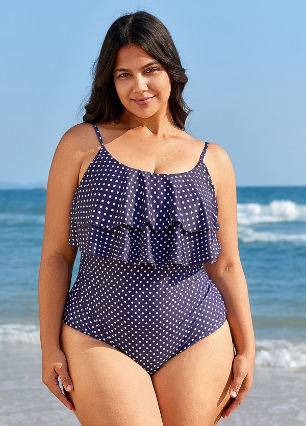 Navy Scoopneck Dot Layered One Piece Swimsuit