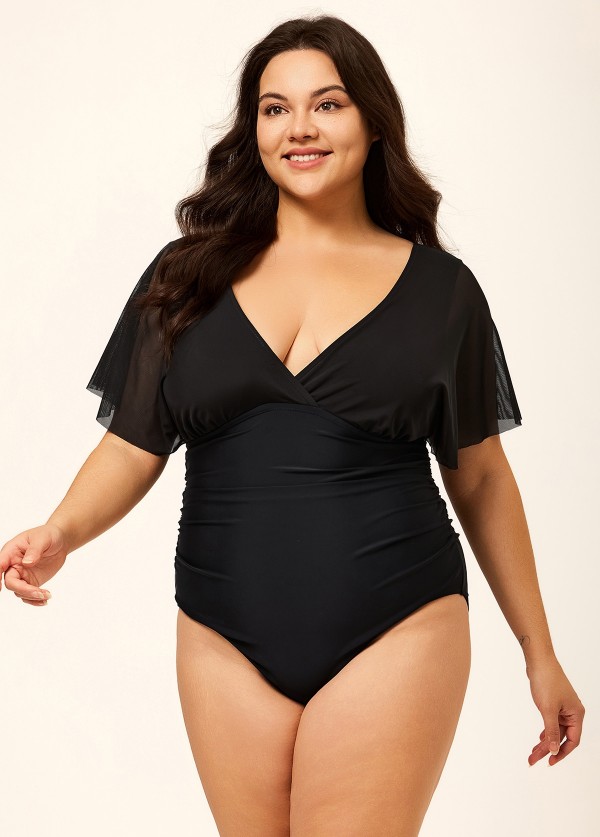 Black V Neck Mesh Flutter Sleeves One Piece Swimsuit