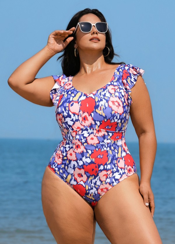 Stylish Floral Print Ruffle Sleeves Backless Rash Guard One Piece Swimsuit