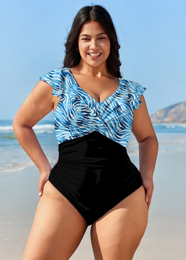 Blue Zebra Print Short Sleeve Plus Size Swimsuit Swimwear One Piece Swimsuit