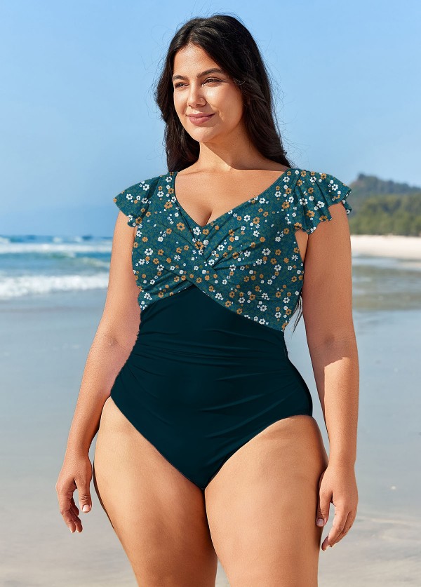 Green Floral Short Sleeve Curvy Swimwear Bathing Suits One Piece Swimsuit