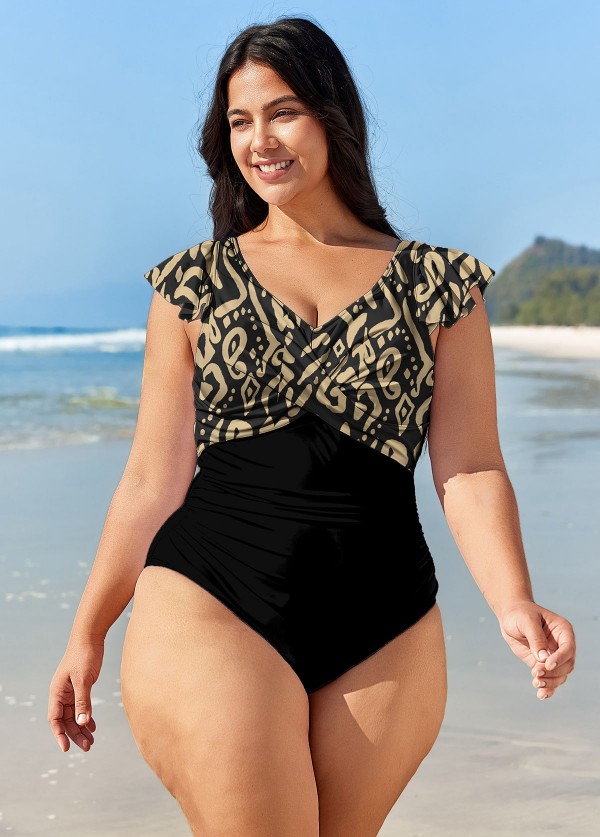 Plus Size Black Geometric Print Short Sleeve Swimsuits One Piece Swimsuit