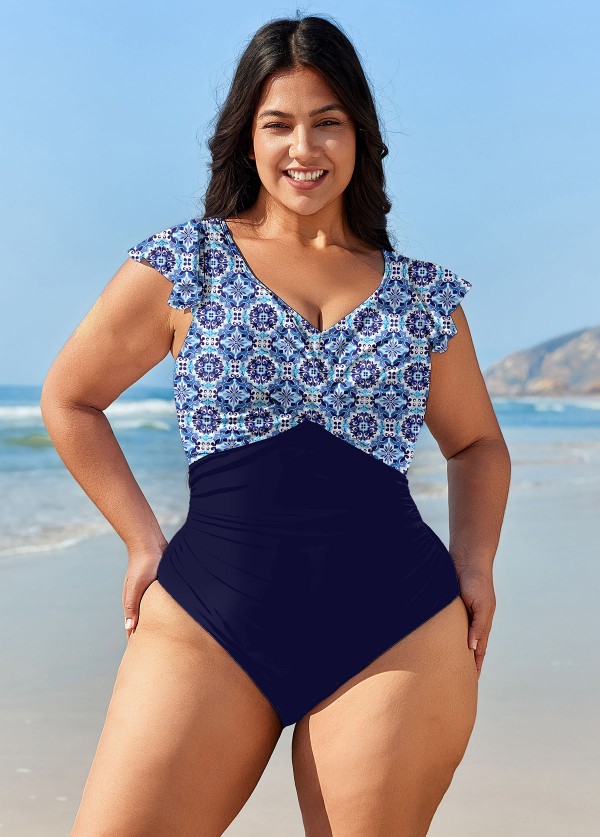 Curvy Navy Geometric Print Short Sleeve Bathing Suits One Piece Swimsuit