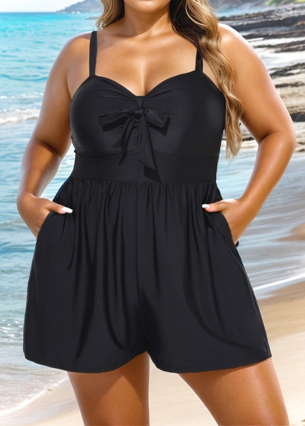 Plain Black Bowknot Pocket Gathered Romper One Piece Swimsuit