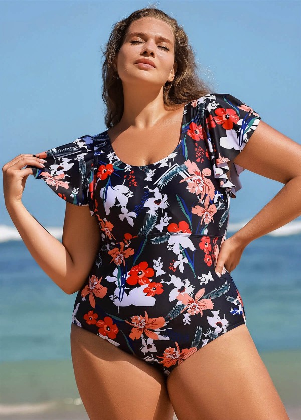 Plus Size Fashionable Floral Print Ruffle Sleeve One Piece Swimsuit