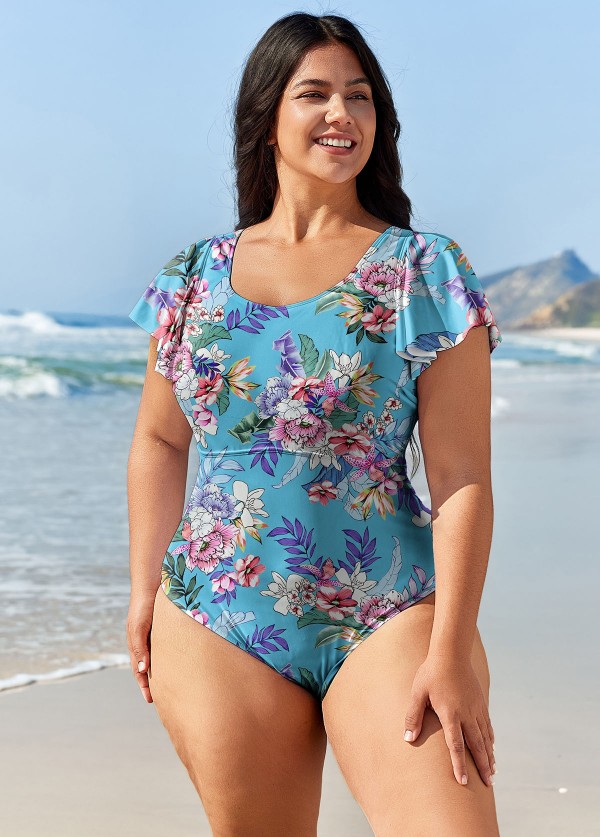 Plus Size Blue Floral Short Sleeve Swimsuit One Piece Swimsuit