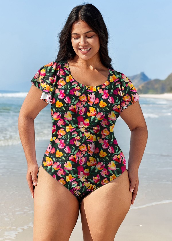 Curvy Red Floral Short Sleeve Swimsuit And Swimwear One Piece Swimsuit
