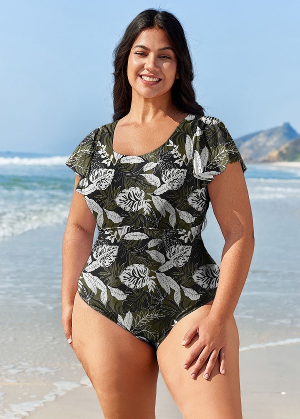 Black Leaf Print Short Sleeve Plus Size Swimsuit Swimwear One Piece Swimsuit