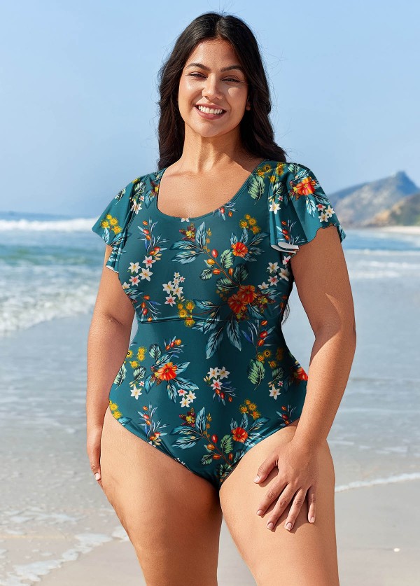 Green Floral Short Sleeve Curvy Swimwear Bathing Suits One Piece Swimsuit