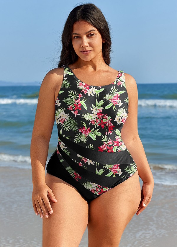 Curvy Red Floral Color Block Bathing Suits One Piece Swimsuit