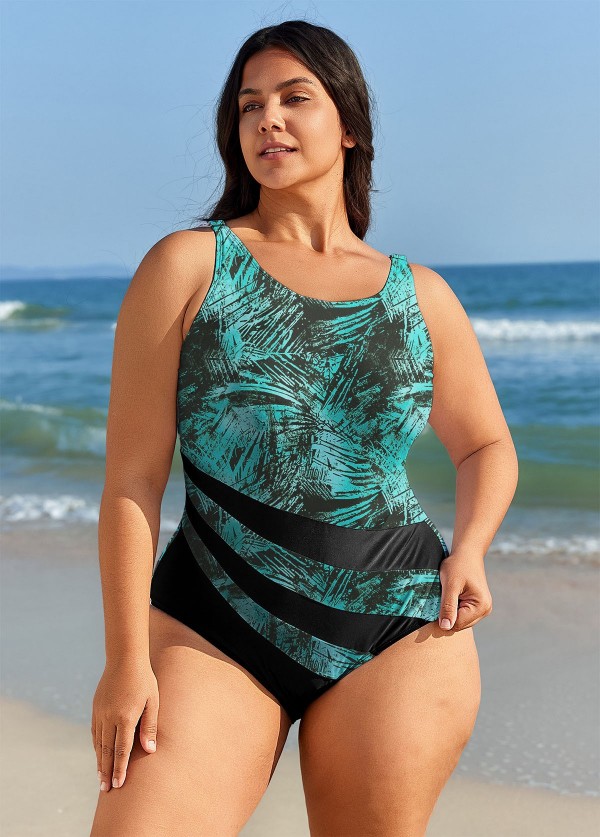 Plus Size Green Leaf Print Color Block Swimsuit One Piece Swimsuit
