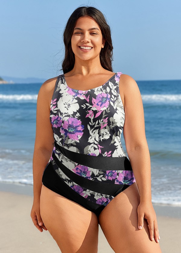 Curvy Purple Floral Color Block Swimsuit And Swimwear One Piece Swimsuit