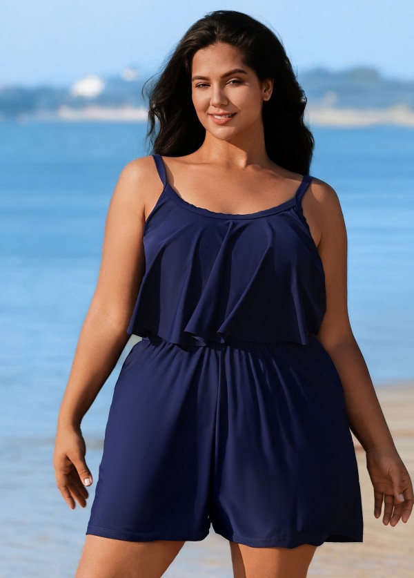 Plus Size Leisure Beach With Ruffle Hem Detailed Romper One Piece Swimsuit