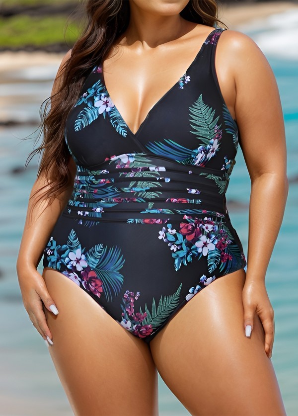 Black Floral Print V Neck Waist Detail One Piece Swimsuit