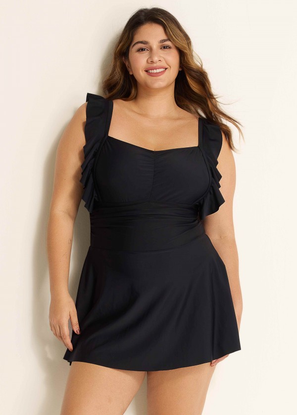 Black Square Neck Ruffled Pleated One Piece Swimsuit