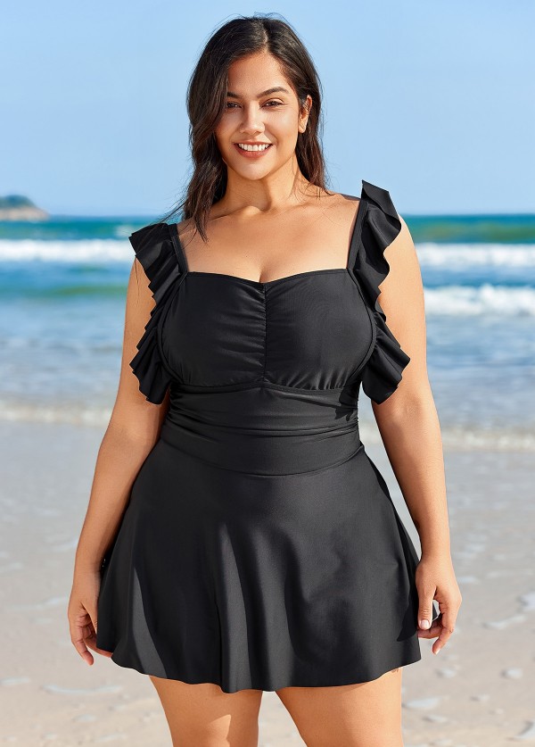 Black Square Neck Ruffled Pleated One Piece Swimsuit