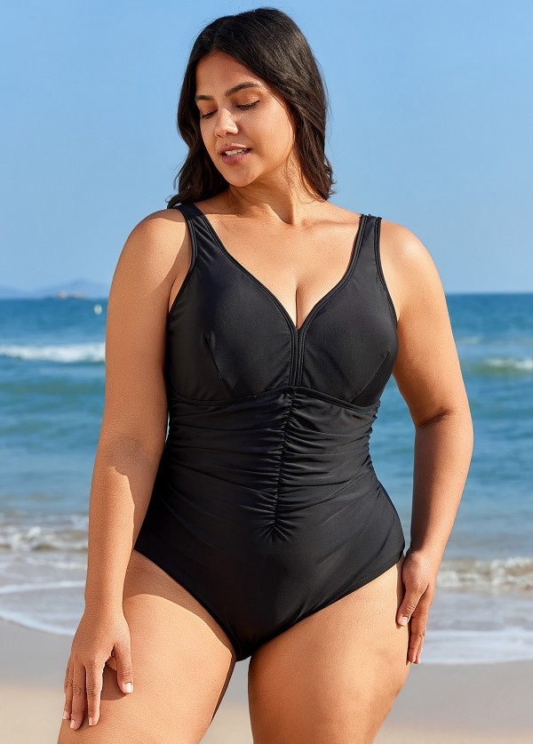 Black V Neck Ruched Cut One Piece Swimsuit