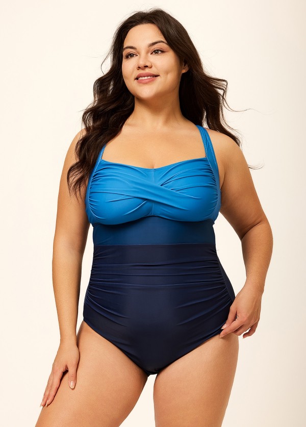 Blue Panelled Twist Front Modest Plus Size One Piece Swimsuit