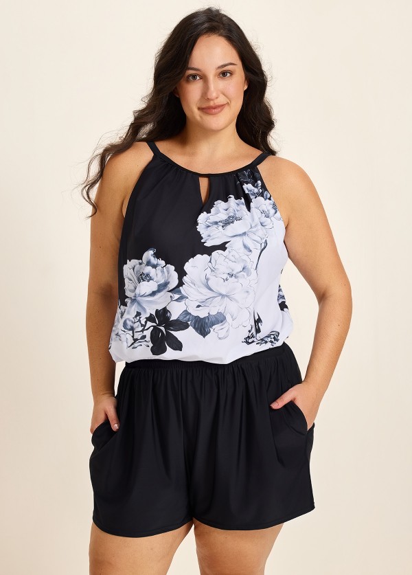 Black And White Floral High Neck Vintage Pocket Plus Size Swimsuit One Piece Swim Romper