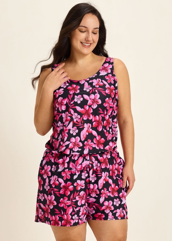 Plus Size Pink Floral Modest Wide Straps Pocket Women's Swimsuit One Piece Swim Romper