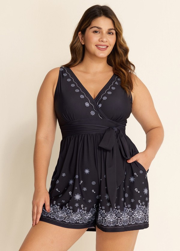 Plus Size Black Paisley Print Pocket Lace Up V Neck Wrap One Piece Swimsuit Swim Romper