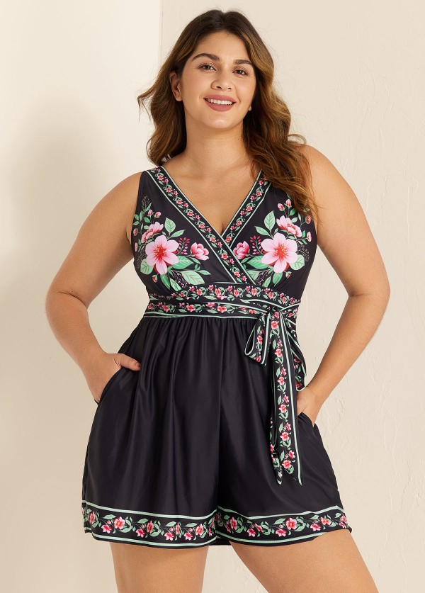Black Floral Pocket Lace Up V Neck Wrap Curvy One Piece Swimsuit Swim Romper