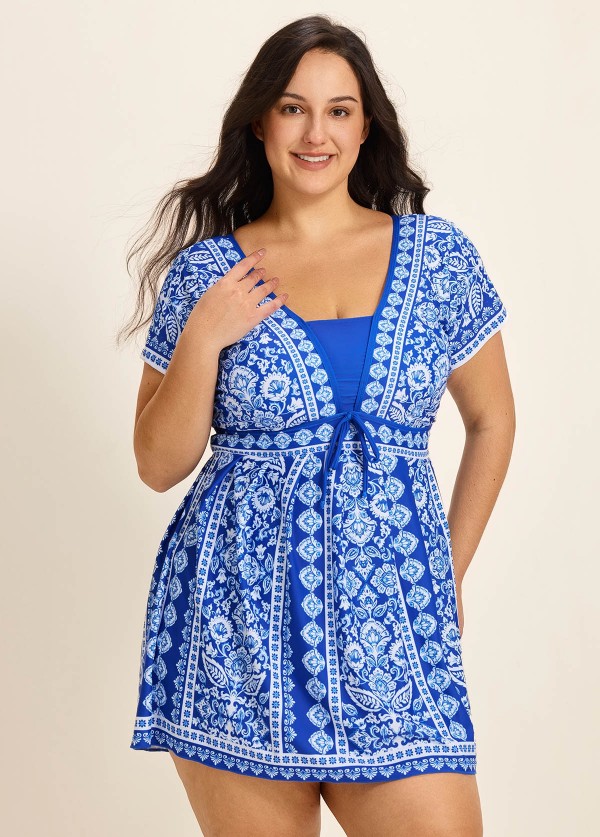 Curvy Blue And White Floral Short Sleeves Modest Padded Women's Swimsuit Swimdress Top