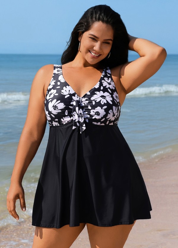 Trendy Black Floral Print Tie Front One Piece Swimsuit