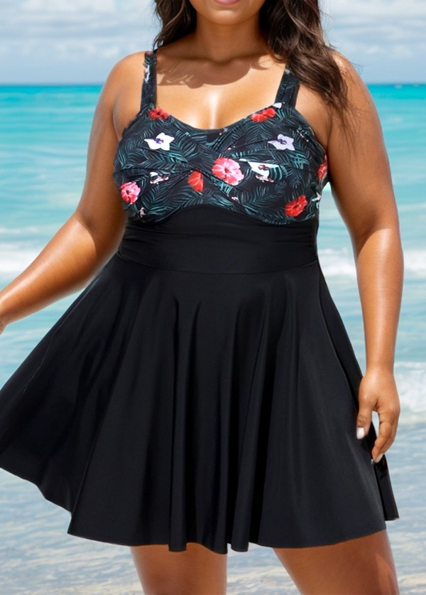 Elegant Floral Twisted Front Adjustable Lady Flowy One Piece Swimdress
