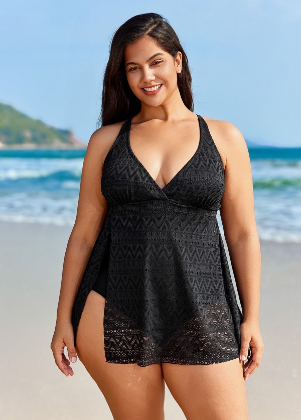 Black Crochet Side Slit V-Neck Graceful One Piece Swimdress