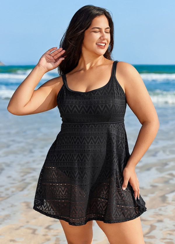 Black Scoopneck Crochet Tummy Control One Piece Swimdress