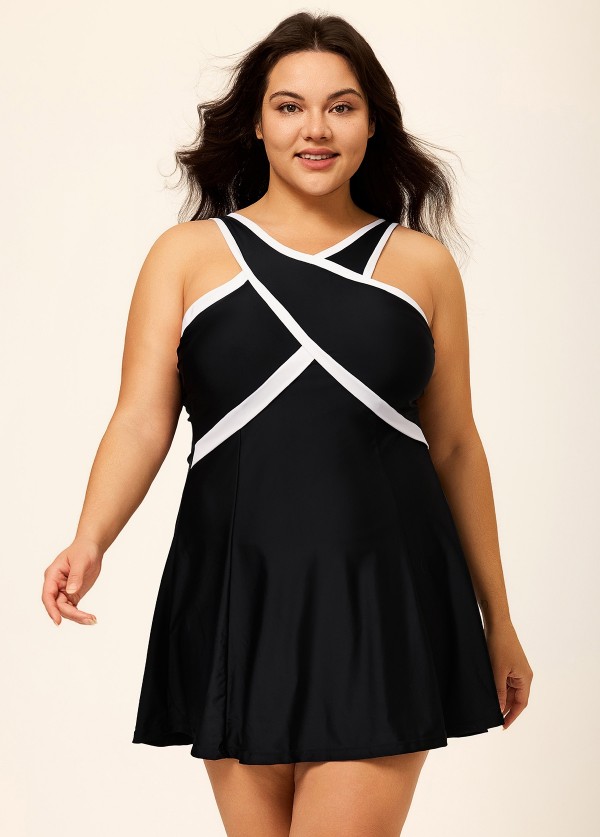 Black And White Cross Front High Neck One Piece Swimdress