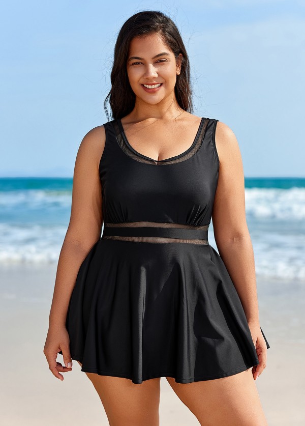 Plus Size V-neck Wide Strap Crochet One Piece Swimdress