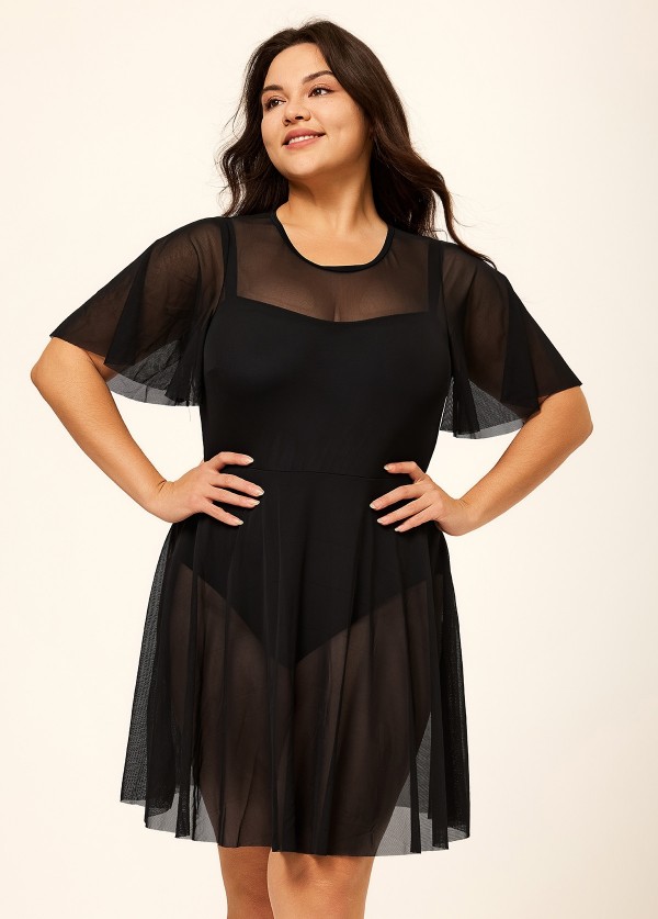 Plus Size Black High Neck Mesh Sleeves One Piece Swimdress
