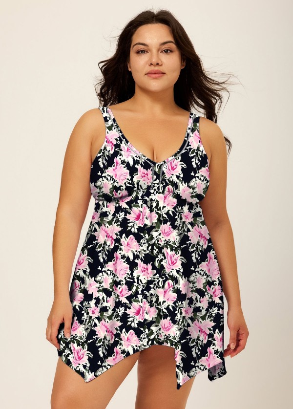 Black Vintage Floral Print Modest Swim Dress Set
