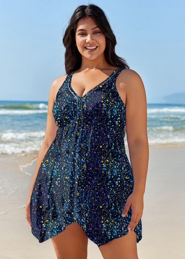 Navy Dot Print Cut Out Plus Size Swimsuit Swimwear Swimdress Set