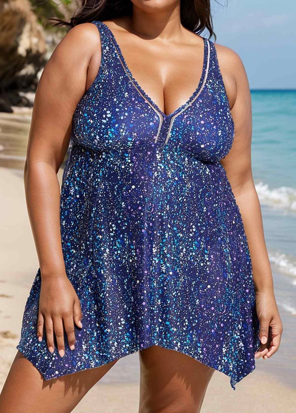 Navy Dot Print Cut Out Plus Size Swimsuit Swimwear Swimdress Set