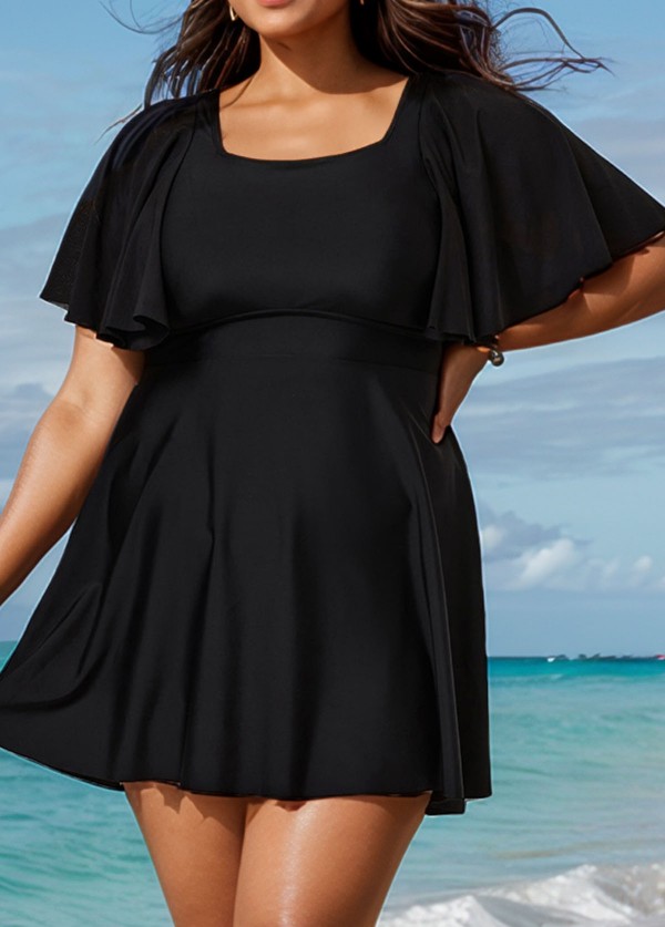 Black Ruffle Sleeves Square Neck Modest Plus Size Swimdress Swimsuit Top