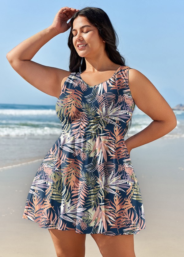 Curvy Navy Leaf Print Modest Swimsuit And Swimwear Swimdress Set