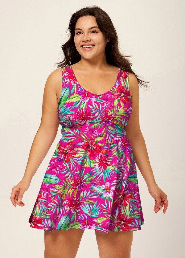 Plus Size Red Floral Modest Swimsuit And Swimwear Swimdress Set