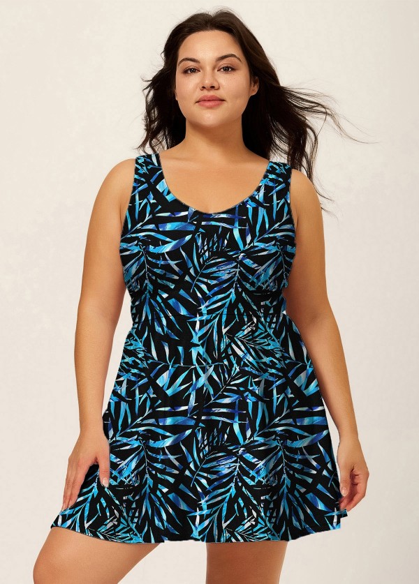 Curvy Black Leaf Print Modest Swimsuit And Swimwear Swimdress Set