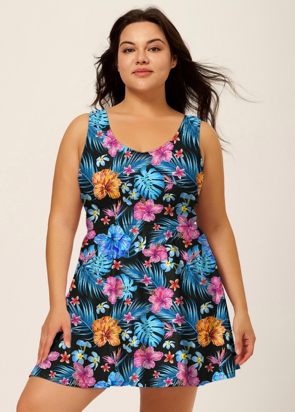 Plus Size Blue Floral Modest Swimsuit And Swimwear Swimdress Set
